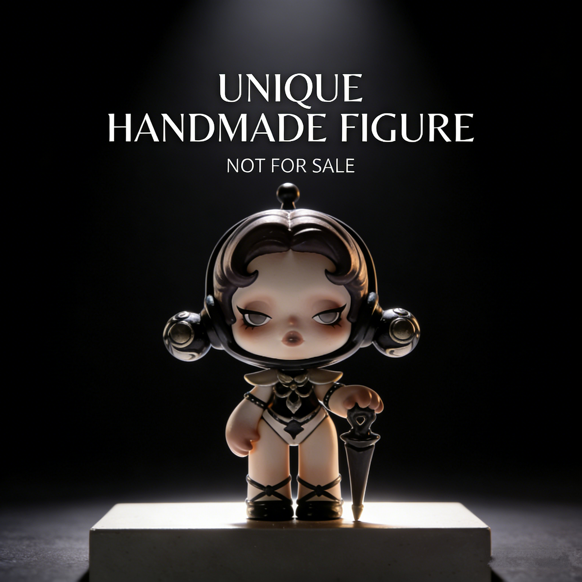 NoirUmbrella Celestial Doll Art Toy | Handmade Monochrome Retro-Futuristic Figurine with Mini Parasol Accessory (Non-Sale Prototype Edition)