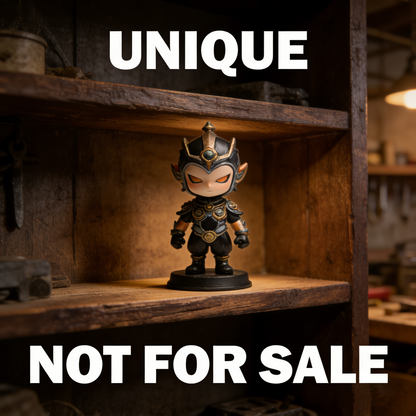 EmberWarden Chibi Sentinel Art Toy | Hand-Painted Black & Gold Fantasy Warrior Chibi Figurine with Custom Display Base (Non-Sale Prototype Edition)