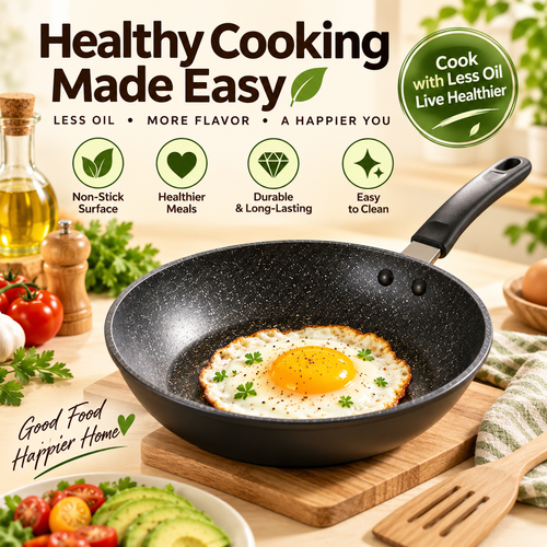 🍳 Premium Non-Stick  JUVVOOS®Frying Pan | Smoke-Reducing, Scratch-Resistant & High-Heat Cookware | Even Heating for Frying, Searing & Stir-Frying | Easy-Clean with Heat-Safe Handle ✨