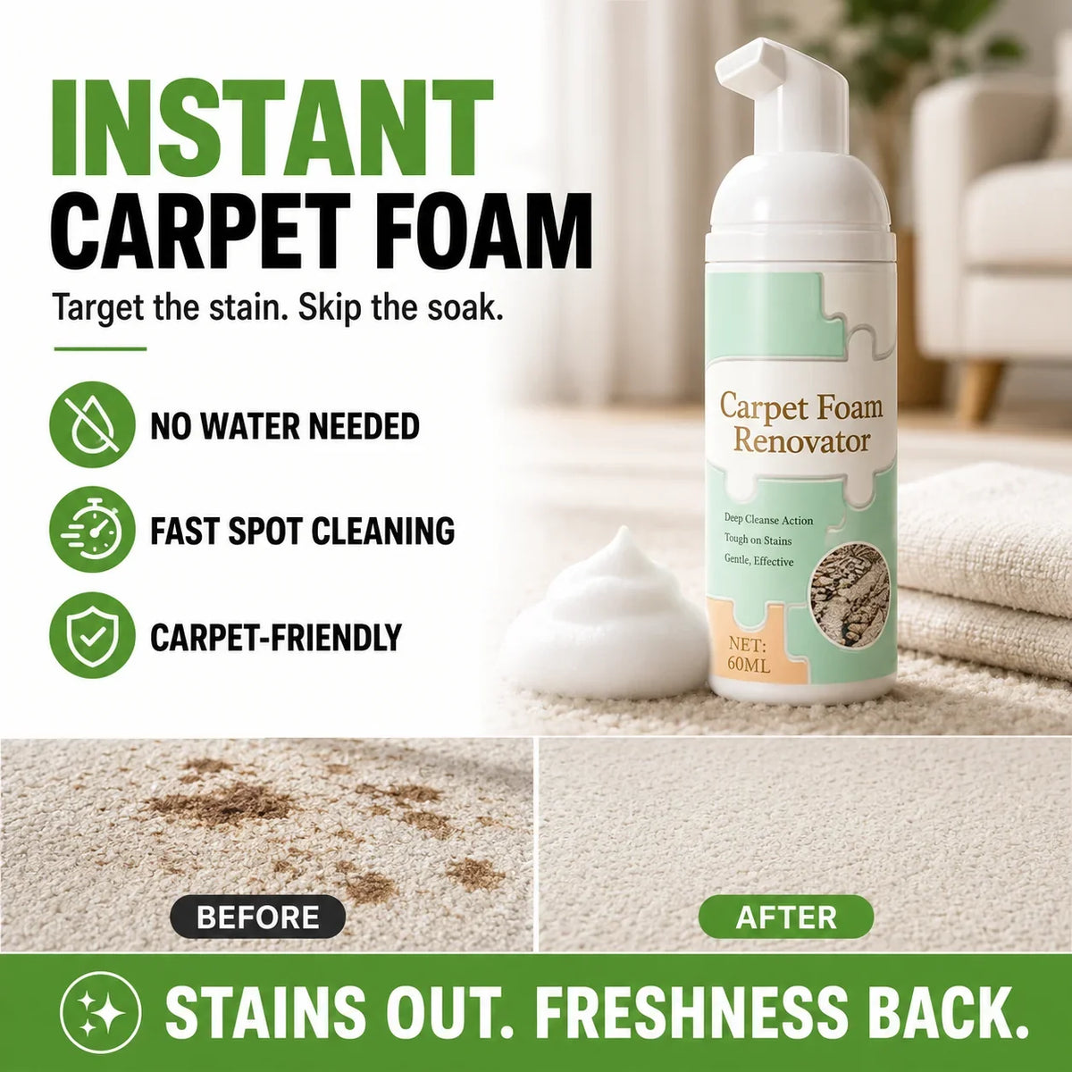 🔥 TODAY’S SPECIAL OFFER |✨Healrize® Fast-Acting Waterless Carpet Foam Stain Remover – Deep Clean in Minutes🥰